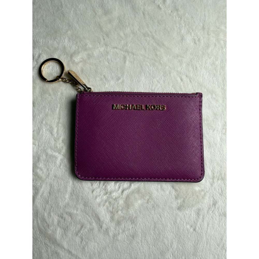 Michael Kors Jet Set Saffiano Leather Card Case Key Ring Wallet Plum Purple